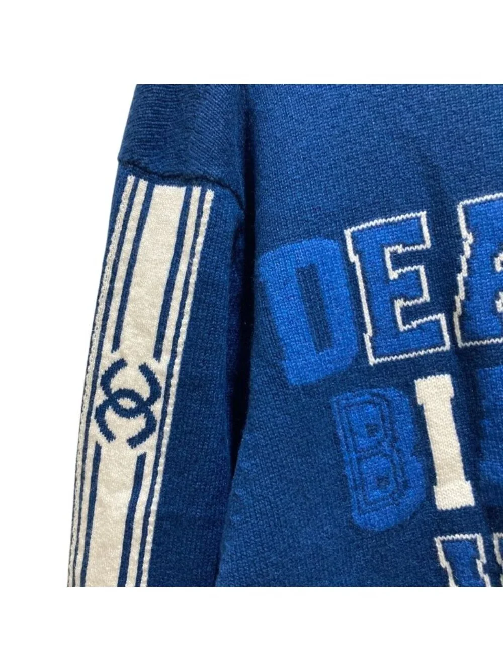 Chanel Numbering Jacquard Neck Cashmere Pullover Knit Sweater S Blue